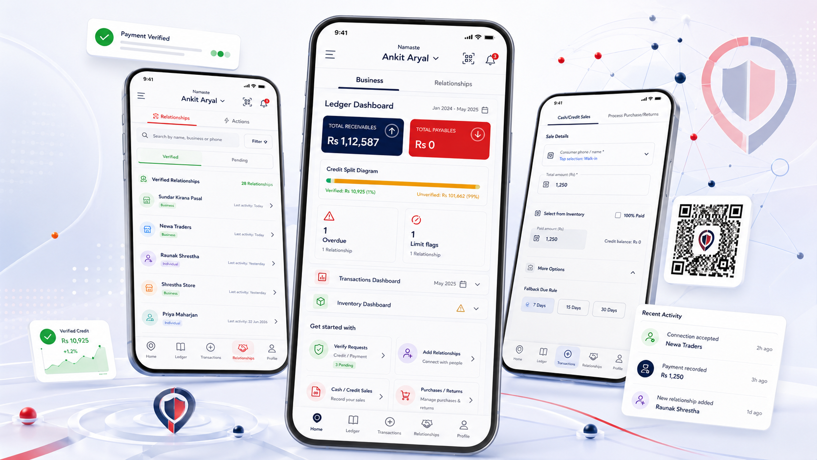 Taali mobile app showing business dashboard, relationships, sales, and payment activity